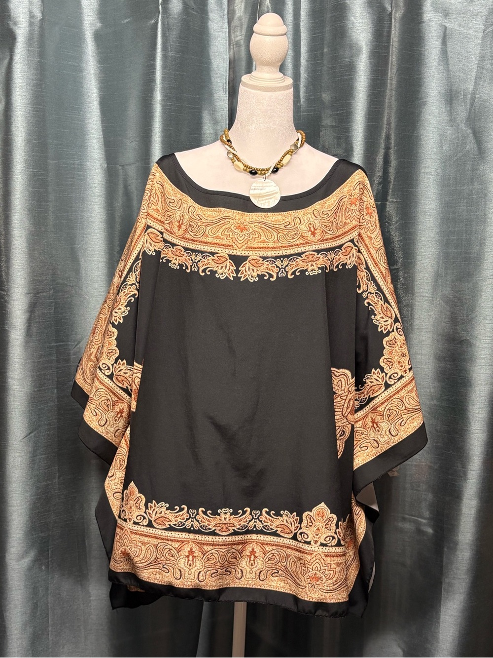 SHEIN Black Poncho Top with Gold Paisley Border